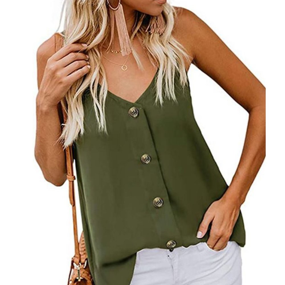 Button Down Spaghetti Strap V-Neck Blouse TANK TOP